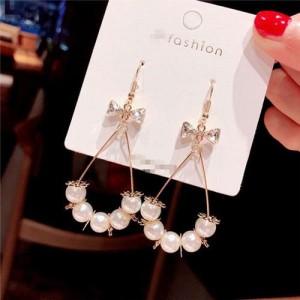 Delicate Bowknot Decorated Pearl Waterdrop Hoop Graceful Fashion Alloy Women Earrings