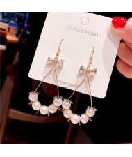 Delicate Bowknot Decorated Pearl Waterdrop Hoop Graceful Fashion Alloy Women Earrings