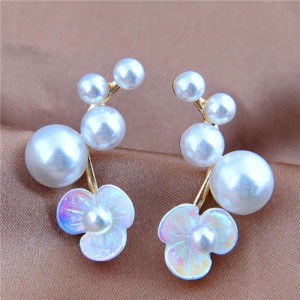 Korean Fashion Pearl Flowers Design Elegant Women Stud Earrings