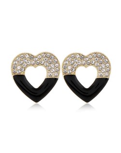 Rhinestone Embellished Hollow Heart Glistening Fashion Alloy Women Stud Earrings - Black