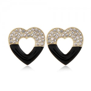 Rhinestone Embellished Hollow Heart Glistening Fashion Alloy Women Stud Earrings - Black