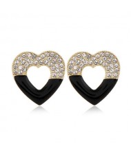 Rhinestone Embellished Hollow Heart Glistening Fashion Alloy Women Stud Earrings - Black