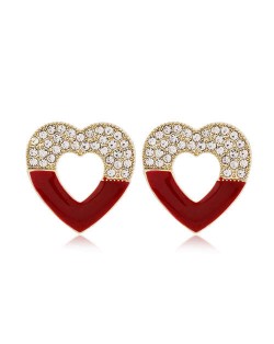 Rhinestone Embellished Hollow Heart Glistening Fashion Alloy Women Stud Earrings - Red