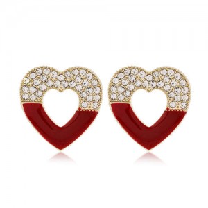 Rhinestone Embellished Hollow Heart Glistening Fashion Alloy Women Stud Earrings - Red