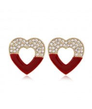 Rhinestone Embellished Hollow Heart Glistening Fashion Alloy Women Stud Earrings - Red