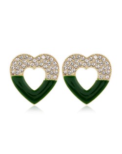 Rhinestone Embellished Hollow Heart Glistening Fashion Alloy Women Stud Earrings - Green