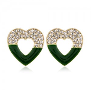 Rhinestone Embellished Hollow Heart Glistening Fashion Alloy Women Stud Earrings - Green