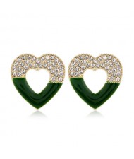 Rhinestone Embellished Hollow Heart Glistening Fashion Alloy Women Stud Earrings - Green