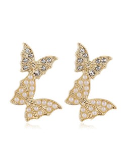 Dual Golden Butterflies Design Korean Fashion Women Stud Earrings