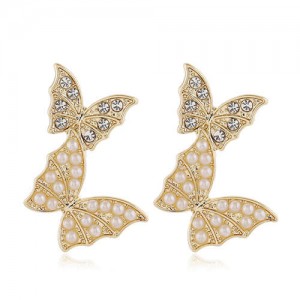 Dual Golden Butterflies Design Korean Fashion Women Stud Earrings