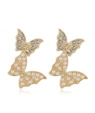 Dual Golden Butterflies Design Korean Fashion Women Stud Earrings