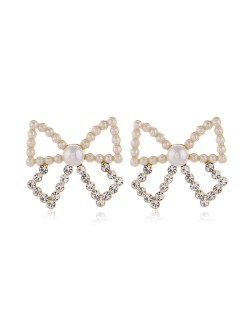 Pearl and Rhinestone Cute Bowknot Korean Fashion Women Stud Earrings