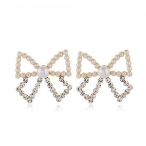 Pearl and Rhinestone Cute Bowknot Korean Fashion Women Stud Earrings