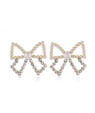 Pearl and Rhinestone Cute Bowknot Korean Fashion Women Stud Earrings