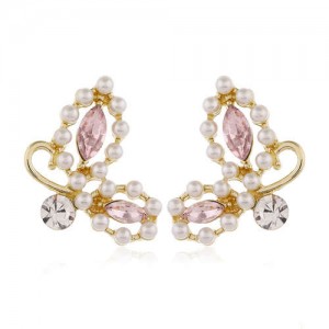 Korean Fashion Romantic Style Rhinestone Butterfly Design Women Statement Earrings - Pink