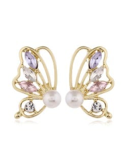 Rhinestone Inlaid Pearl Fashion Golden Butterfly Design Elegant Women Alloy Earrings - Multicolor