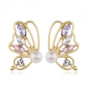 Rhinestone Inlaid Pearl Fashion Golden Butterfly Design Elegant Women Alloy Earrings - Multicolor