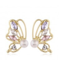 Rhinestone Inlaid Pearl Fashion Golden Butterfly Design Elegant Women Alloy Earrings - Multicolor