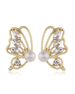 Rhinestone Inlaid Pearl Fashion Golden Butterfly Design Elegant Women Alloy Earrings - White