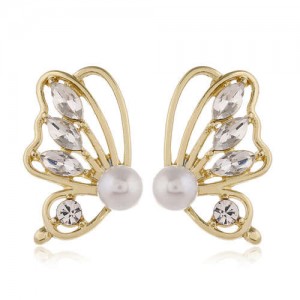 Rhinestone Inlaid Pearl Fashion Golden Butterfly Design Elegant Women Alloy Earrings - White