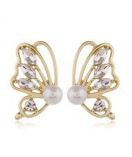 Rhinestone Inlaid Pearl Fashion Golden Butterfly Design Elegant Women Alloy Earrings - White