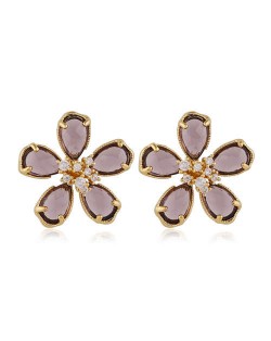Korean Fashion Golden Rimmed Sweet Crystal Flower Design High Fashion Women Stud Earrings - Dark Brown