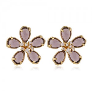 Korean Fashion Golden Rimmed Sweet Crystal Flower Design High Fashion Women Stud Earrings - Dark Brown