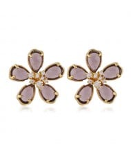 Korean Fashion Golden Rimmed Sweet Crystal Flower Design High Fashion Women Stud Earrings - Dark Brown