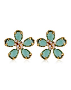 Korean Fashion Golden Rimmed Sweet Crystal Flower Design High Fashion Women Stud Earrings - Green