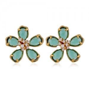 Korean Fashion Golden Rimmed Sweet Crystal Flower Design High Fashion Women Stud Earrings - Green