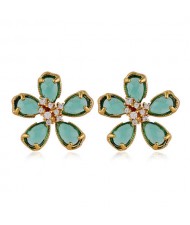 Korean Fashion Golden Rimmed Sweet Crystal Flower Design High Fashion Women Stud Earrings - Green