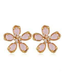 Korean Fashion Golden Rimmed Sweet Crystal Flower Design High Fashion Women Stud Earrings - Pink