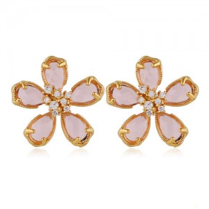 Korean Fashion Golden Rimmed Sweet Crystal Flower Design High Fashion Women Stud Earrings - Pink