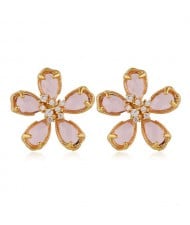 Korean Fashion Golden Rimmed Sweet Crystal Flower Design High Fashion Women Stud Earrings - Pink