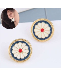 White Daisy Cute Design Golden Rimmed Round Women Alloy Stud Earrings