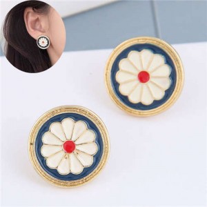White Daisy Cute Design Golden Rimmed Round Women Alloy Stud Earrings