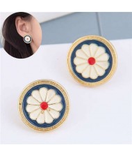 White Daisy Cute Design Golden Rimmed Round Women Alloy Stud Earrings