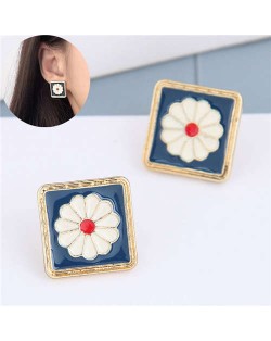 White Daisy Cute Design Golden Rimmed Square Shape Women Alloy Stud Earrings