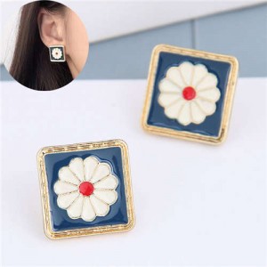 White Daisy Cute Design Golden Rimmed Square Shape Women Alloy Stud Earrings