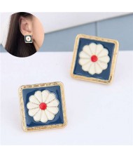 White Daisy Cute Design Golden Rimmed Square Shape Women Alloy Stud Earrings
