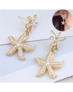 Pearl Inlaid Golden Star Fish Design Korean Fashion Women Alloy Earrings