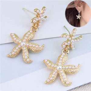 Pearl Inlaid Golden Star Fish Design Korean Fashion Women Alloy Earrings