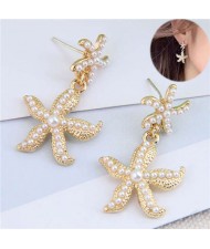 Pearl Inlaid Golden Star Fish Design Korean Fashion Women Alloy Earrings