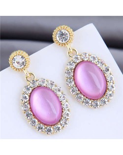 Rhinestone Rimmed Opal Inlaid Graceful High Fashion Women Alloy Stud Earrings - Pink