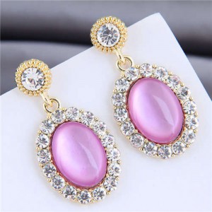 Rhinestone Rimmed Opal Inlaid Graceful High Fashion Women Alloy Stud Earrings - Pink