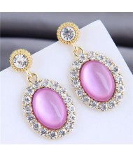 Rhinestone Rimmed Opal Inlaid Graceful High Fashion Women Alloy Stud Earrings - Pink