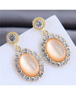 Rhinestone Rimmed Opal Inlaid Graceful High Fashion Women Alloy Stud Earrings - Champagne