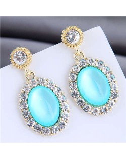Rhinestone Rimmed Opal Inlaid Graceful High Fashion Women Alloy Stud Earrings - Blue