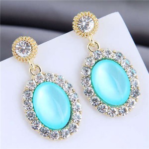 Rhinestone Rimmed Opal Inlaid Graceful High Fashion Women Alloy Stud Earrings - Blue