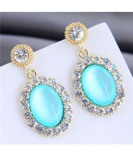 Rhinestone Rimmed Opal Inlaid Graceful High Fashion Women Alloy Stud Earrings - Blue